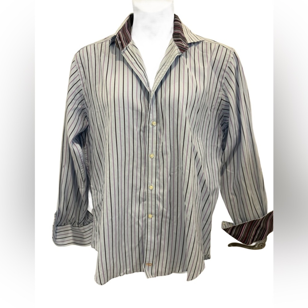 Thomas Dean White and Black Striped Men’s Button Down Shirt. Large